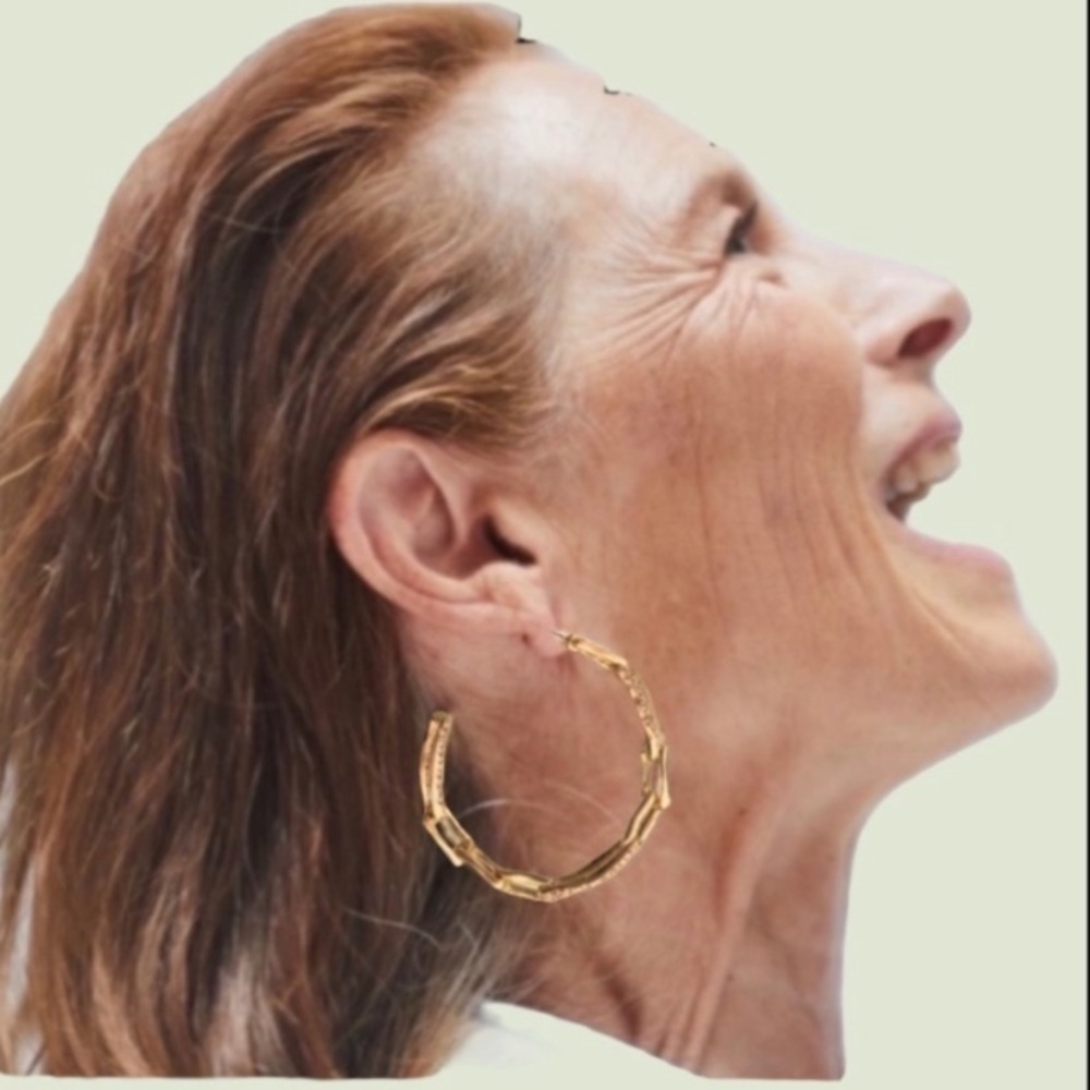 ALEXIS BITTAR NEW Gold Textured Crystal Custom Sculpted Chain Link Hoop Earrings - Picture 9 of 15